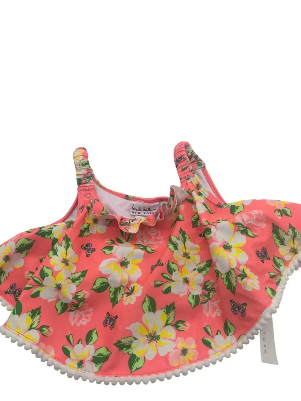 Nicole Miller Girls Floral Ruffle Bikini Top Swimwear With Pom Pom Trim Size 14